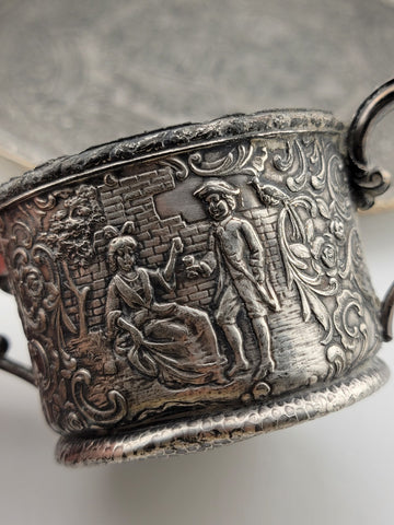 Antique 19C Silver Plate Derby Silver Repousse Plate Dutch Scenes W Engraved Cup