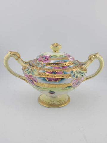1920's Antique Nippon Hand Painted Sugar & Creamer Set Raised Gold Art Nouveau