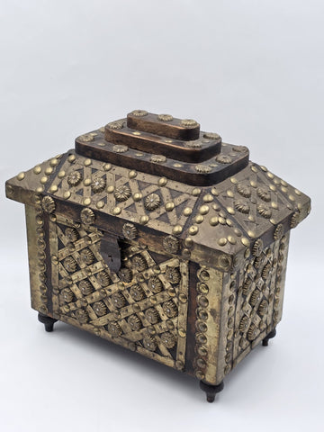 Rare Antique Moroccan Moorish Brass Studded Jewelry Chest Box Islamic Decor