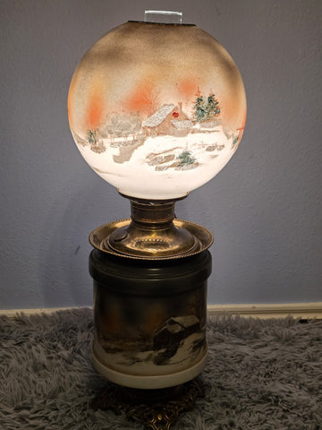 Antique Victorian 1890 Gone With The Wind Lamp Log Cabin Winter Snowy Scenery