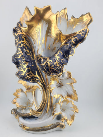 Rare Antique 19th C Porcelain Iris Spill Vase Gold Gilt Cobalt Floral. 11 Inch