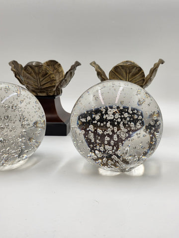 Rare Pair Of Antique Massive 6" Crystal Ball On Brass Leaves Bookends / Decor.
