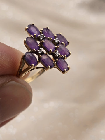 Antique 10K Solid Gold Amethyst Cluster Ring Diamond Accents Size 7.5 W Box.