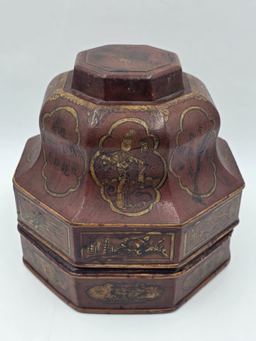 Early 19th C Chinese Qing Dynasty Red Lacquer Wedding Gift Basket Gilt Figures