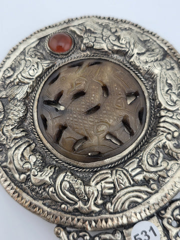 Rare Antique Chinese Ornate Jade and Silver  Carved Dragon Hand Mirror