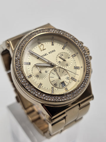 Michael Kors MK5386 Gold Tone Crystal Bezel Chronograph Watch 43mm Date