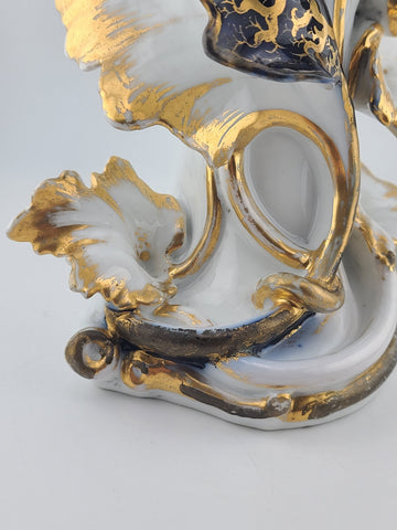 Rare Antique 19th C Porcelain Iris Spill Vase Gold Gilt Cobalt Floral. 11 Inch