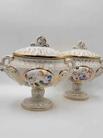 Set Of 2 Keramos Capodimonte Italy Cherub Centerpiece Vase Lidded Pedestal Bowls