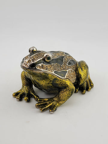 Black & Green Enamel Frog Trinket Box - Jeweled Gold Tone w/ Magnetic Closure
