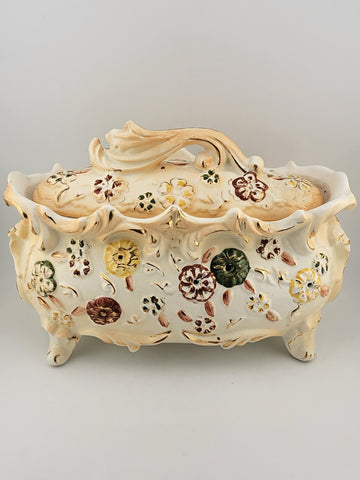 Antique Japan Hand Painted Gravy Boat w Handles and Lid Decorative Display Piece