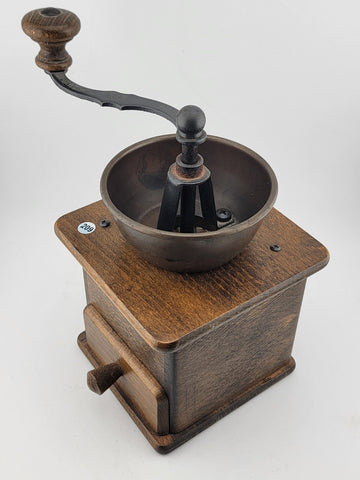 Rare DE Vintage European Manual Solid Wood Cast Iron Coffee Grinder With Drawer.