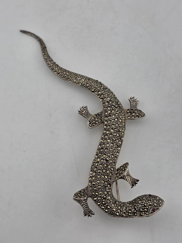 LARGE STERLING SILVER MARCASITE LIFE SIZE LIZARD PIN BROOCH SALAMANDER. 6 Inch.