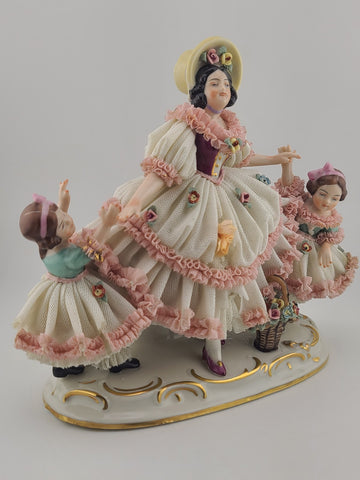 Rare Antique Dresden Porcelain Germany Lace Mother with Daughters and Flowers