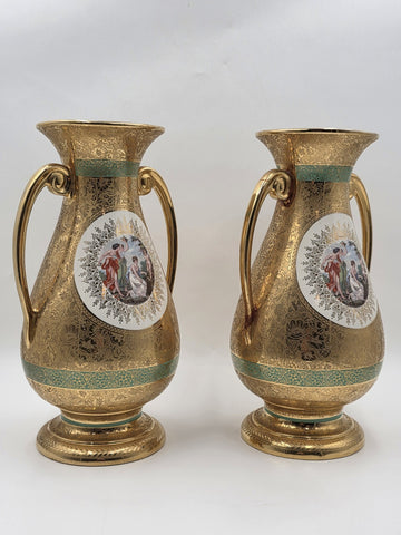 Pair Vintage Le Mieux 24 Karat Gold Handled Vases Victorian Scene Ladies Cherubs