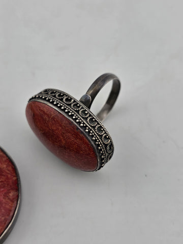ANTIQUE 1940'S STERLING SILVER NATURAL RED CORAL BRACELET & RING SET HANDCRAFTED
