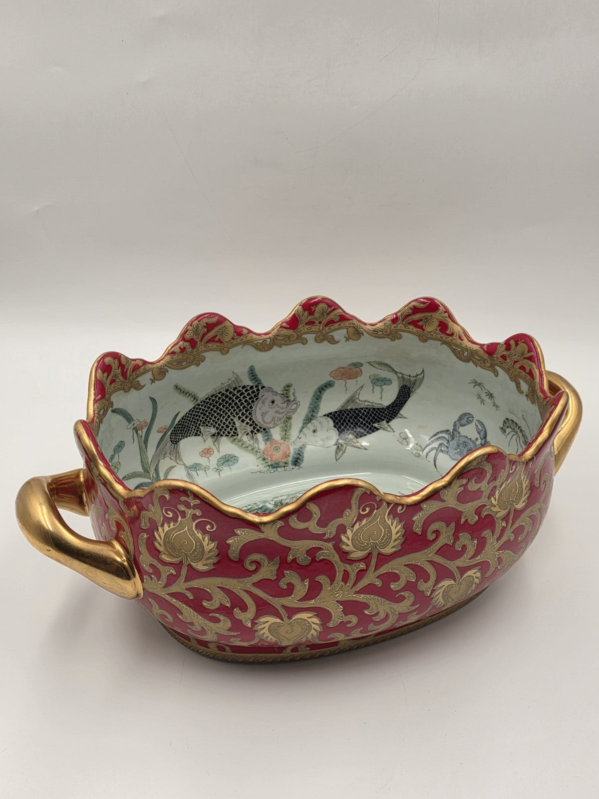 Antique XL Chinese handpainted Red porcelain 24kt gold Oval Footbath, Jardiniere