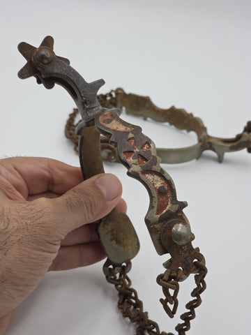 Antique Western Cowboy Spurs Pair Hand Engraved Red Inlay Steel w/ Chains