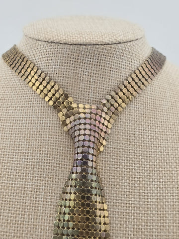 Vintage Gold & Silver Tone Mesh Tie Necklace Whiting Davis Style Fringe 70s