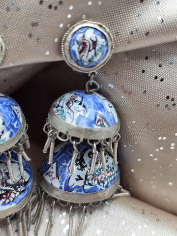 Rare Antique Hand Painted Filigree Silver Lantern Chandelier Dangling Earrings.