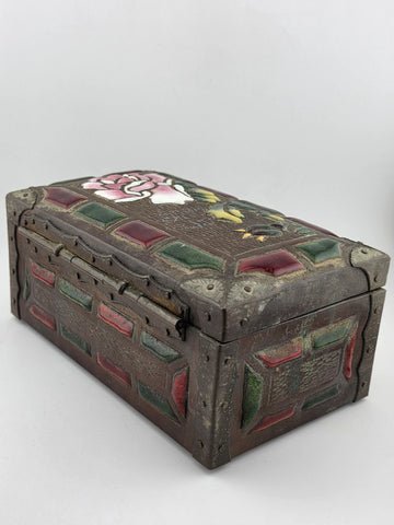 RARE ANTIQUE JAPANESE COPPER  BRASS-BOUND JEWELRY BOX W RAISED ENAMEL DECO MEIJI