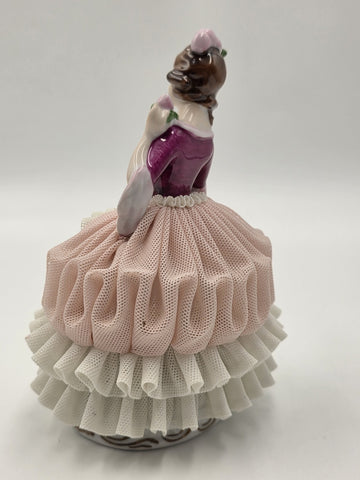 Vintage German Dresden Style Porcelain Lace Lady Figurine Fan Rose 7"
