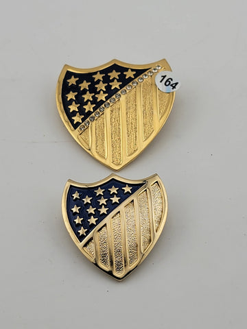 Lot Of 2 Crest Shield 13 Stars &Stripes 16 Clear Rhinestones Vintage Gold Brooch