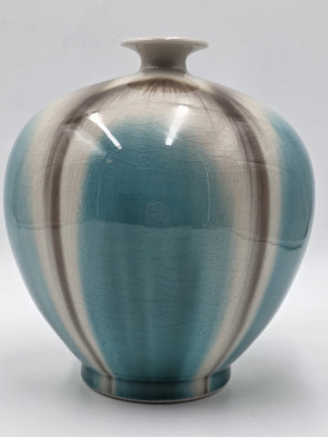 Vtg Chinese Jingdezhen Xing Song Art Pottery Turquoise Crackle Glaze Vase 9”