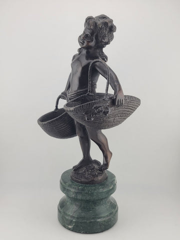 Antique Suzanne Bizard 1873 - 1963 Bronze Sculpture - Girl with Baskets 11 1/2"