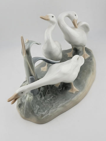 Try This. Lladro #4549 Geese With Snail on Reeds Large Porcelain