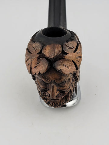 Vintage European Wood Block Pipe Hand Carved Bacco Baccus Greek Worrior Theme.