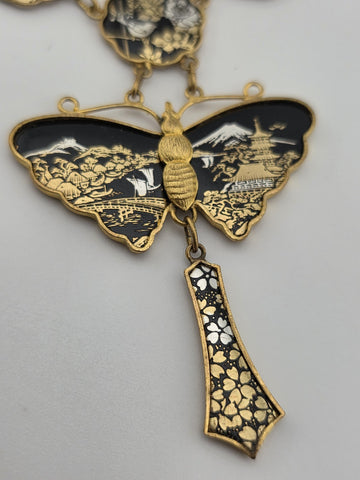 Rare 1940s Japanese 24K Gold Plated Damascene Butterfly Necklace Bracelet Set