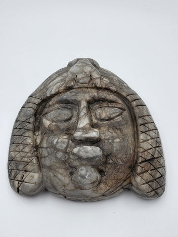 Antique Large Mayan Aztec Style Stone Tribal Ceremonial Mask Inlay 9” Statue