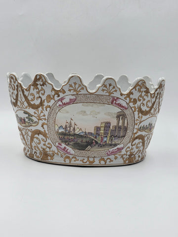 Chinese Export Porcelain Jardiniere C 1920 European Harbor Scene Gilt Cachepot