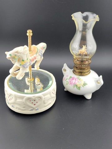 Set Of 2 Miniature Home Decor Items.  Music Box And Oil Lamp