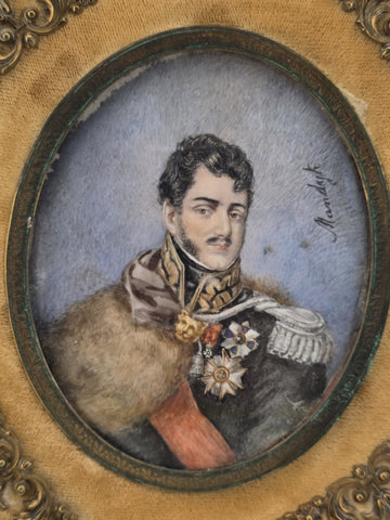 Rare Antique 19th C Miniature Portrait Prince Jozef Poniatowski Ormolu Frame