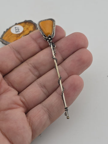 Rare Antique Set Of Natural Baltic Amber Floral Hat Pin &Pendant Sterling Silver