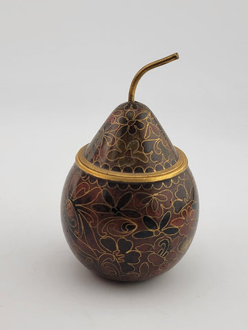 Vintage Cloisonné Enamel Brass Pear Shaped Trinket Box with Stem Floral Design