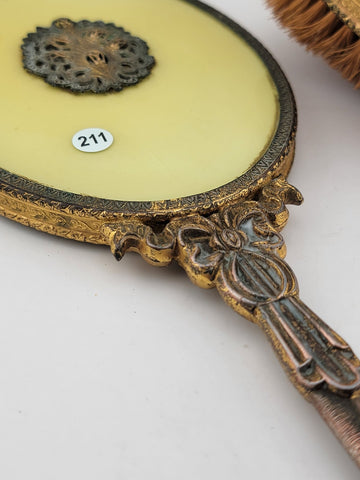 ANTIQUE 19th C Victorian 2-PIECE HANDHELD BRASS MIRROR & BRUSH SET Yellow Enamel
