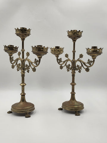 Pair Of Exquisite 19th C Gothic Revival Brass Candelabra W Three Candle Sockets