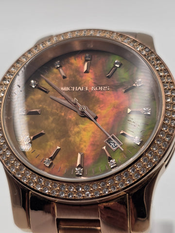 Michael Kors MK5494 Rose Gold Watch Mother of Pearl Dial Crystal Bezel 42mm Runs