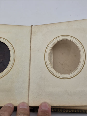 ANTIQUE 19TH C VICTORIAN BROWN CABINET TIN TYPE PHOTO FAMILY ALBUM. ALMOST FULL.