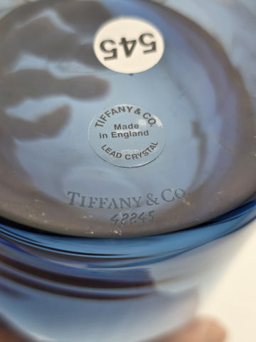 Rare Tiffany & Co Blue Lead Crystal Cylinder Vase England Applied Medallion 8"
