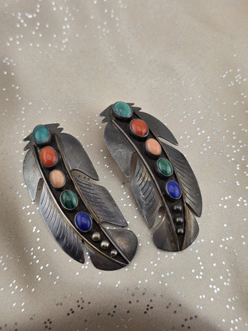 Vintage Navajo Sterling Silver & Gemstone Large Feather Pierced Post Earrings