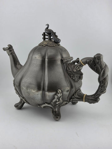 Rare Shaw & Fischer Sheffield Pewter Teapot Hinged Lid Snake Holding Fish Handle