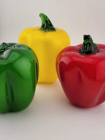 3 Vintage Glass Vegetable Peppers with Stem Murano Style Red Yellow Green
