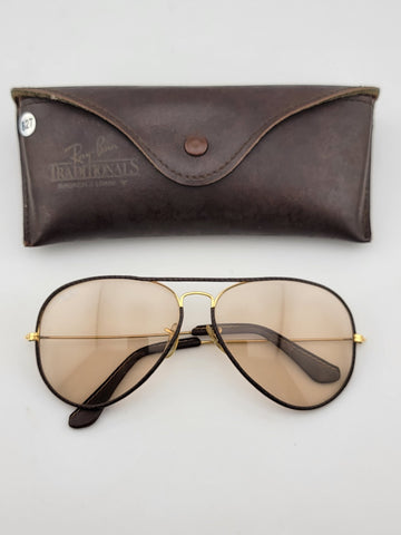 RARE VINTAGE RAY BAN LEATHERS AVIATOR TOBACCO LEATHER 58' B&L SUNGLASSES