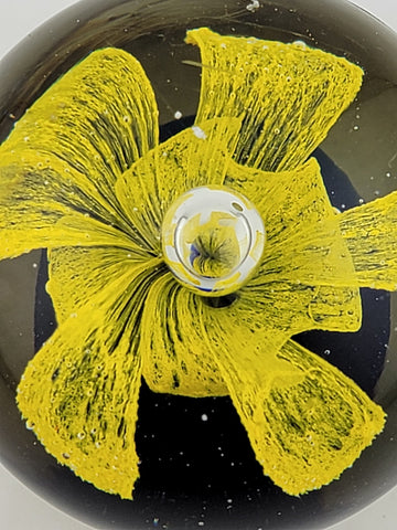 Vintage Art Glass Paperweight Yellow Flower Inside Cobalt Glass (2 1/2'')