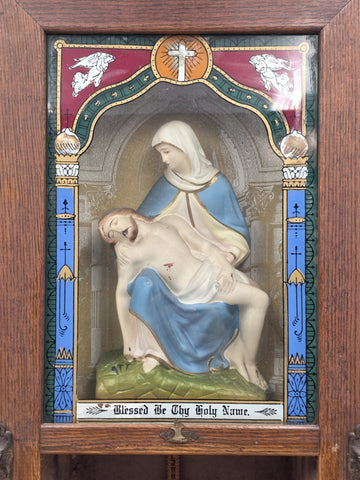 Large Antique C 1920 Catholic Sick Call Last Rites 3D Shadow Box W Accessories.
