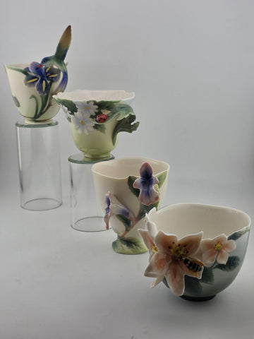 Set Of 4 FRANZ Porcelain Teacup Sculptural Floral Art Cups Hummingbird Ladybug