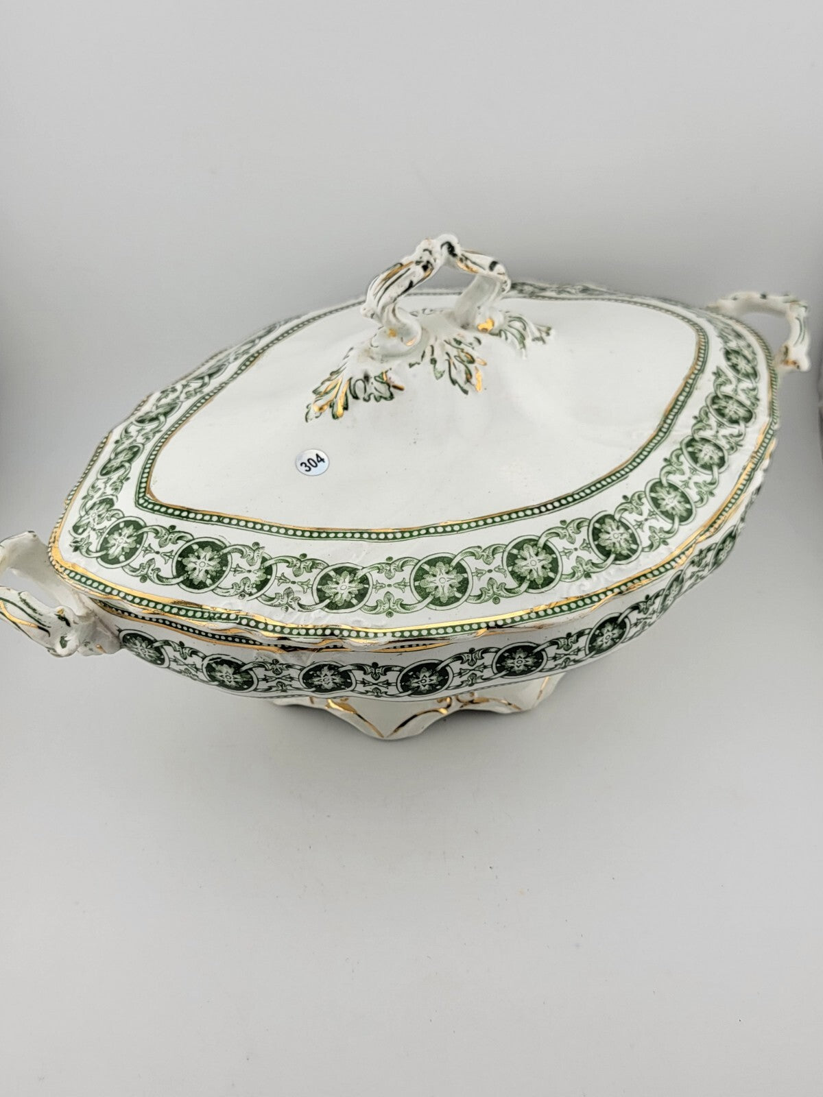 RARE BISHOP & STONIER ENGLAND RODEN GREEN COVERED TUREEN & LID 24K GOLD TRIM